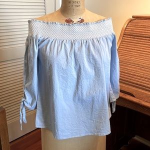 Blue Rain pale blue cotton off shoulder crop top